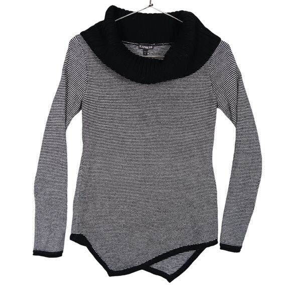 Express Knit Top Size Small Black and White Striped Black Cowl Neck and Trims - Picture 2 of 7